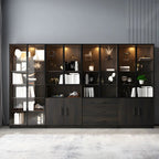 Grande vitrine en bois avec portes en verre noir et tiroirs
