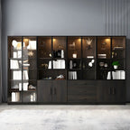 Grande vitrine en bois avec portes en verre noir et tiroirs