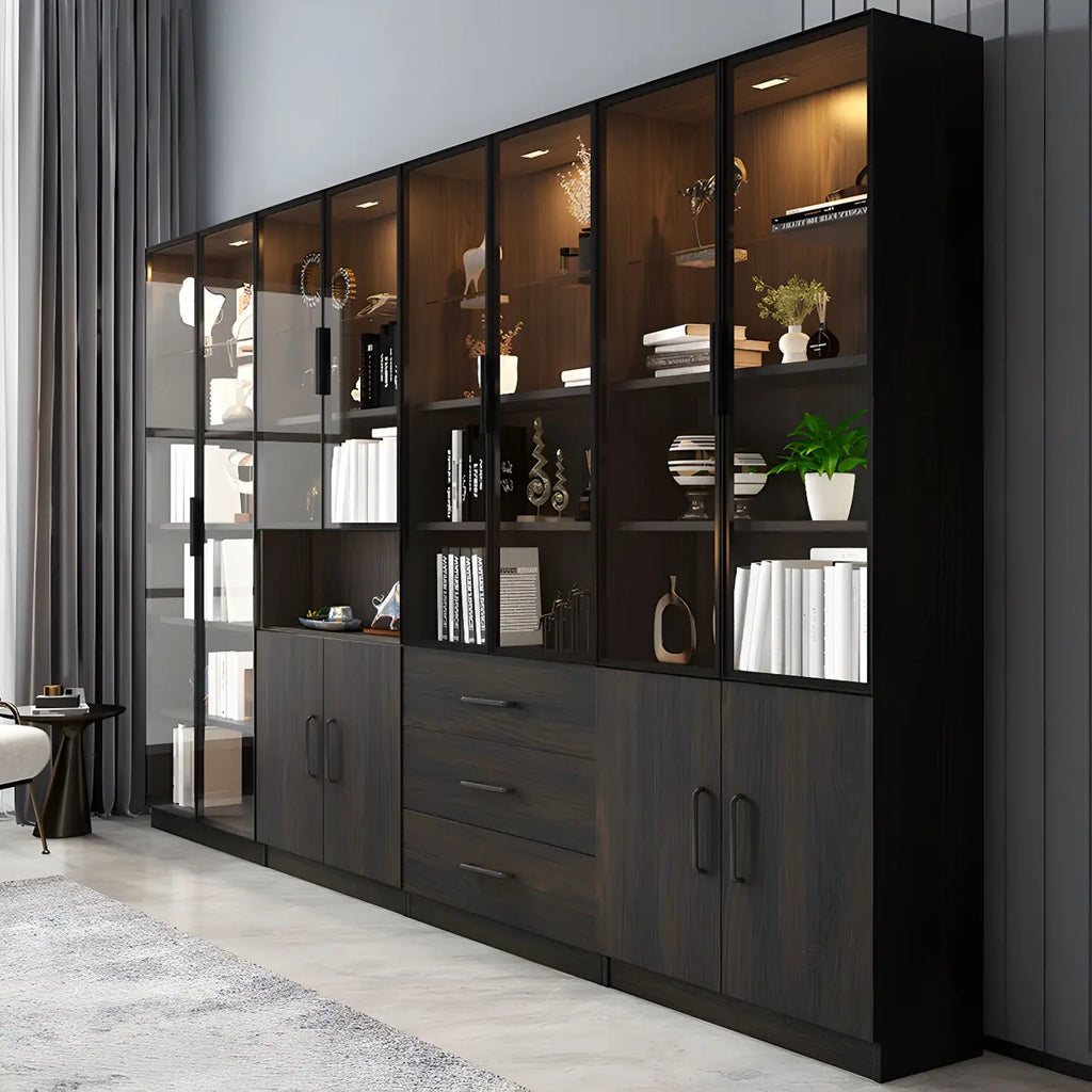 Grande vitrine en bois avec portes en verre noir et tiroirs