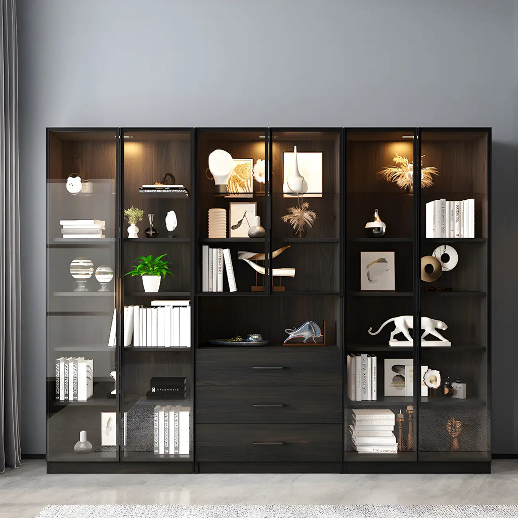 Grande vitrine en bois avec portes en verre noir et tiroirs