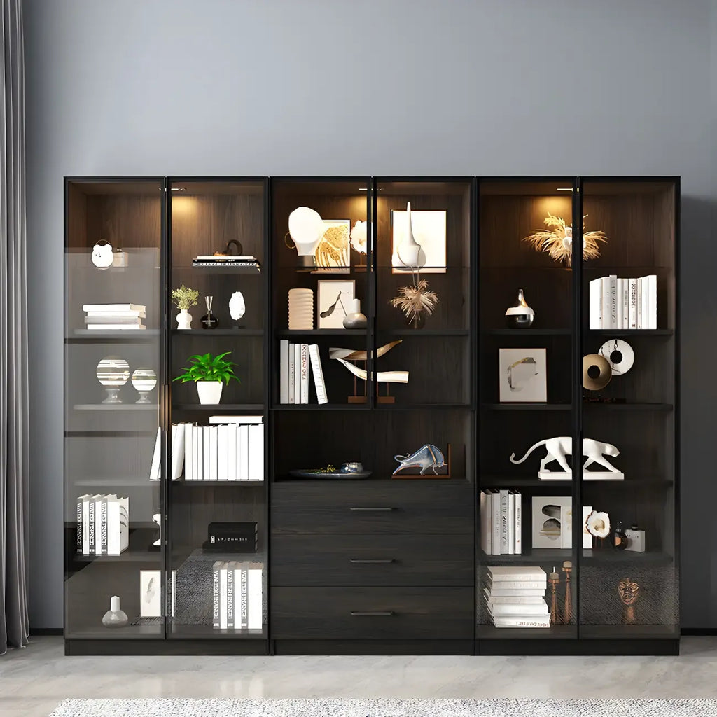Grande vitrine en bois avec portes en verre noir et tiroirs