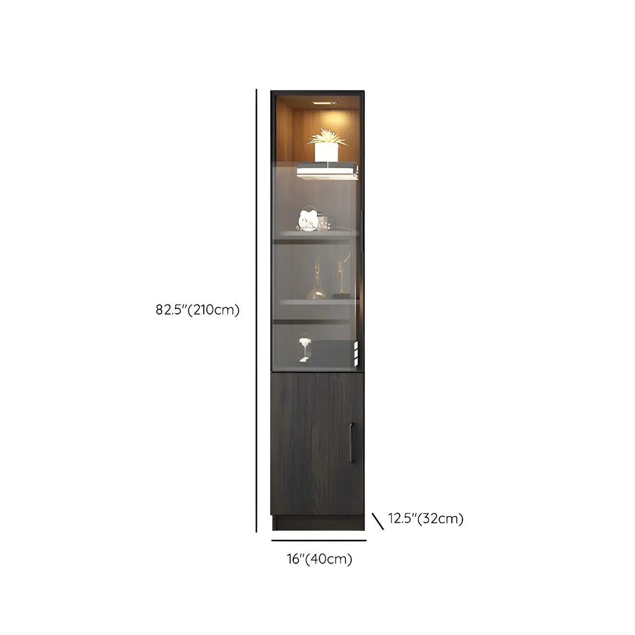Grande vitrine en bois avec portes en verre noir et tiroirs