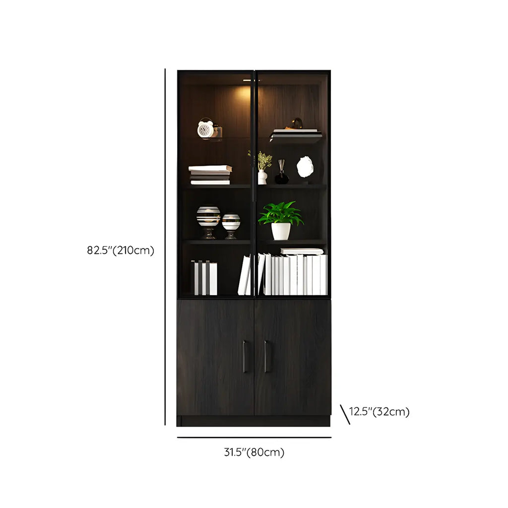 Grande vitrine en bois avec portes en verre noir et tiroirs