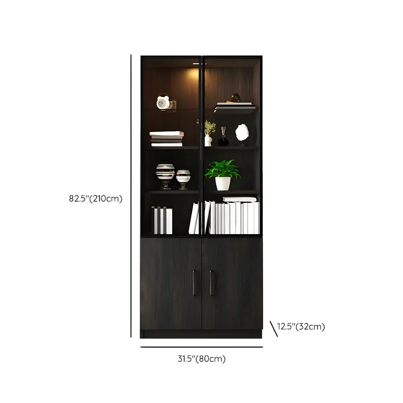 Grande vitrine en bois avec portes en verre noir et tiroirs