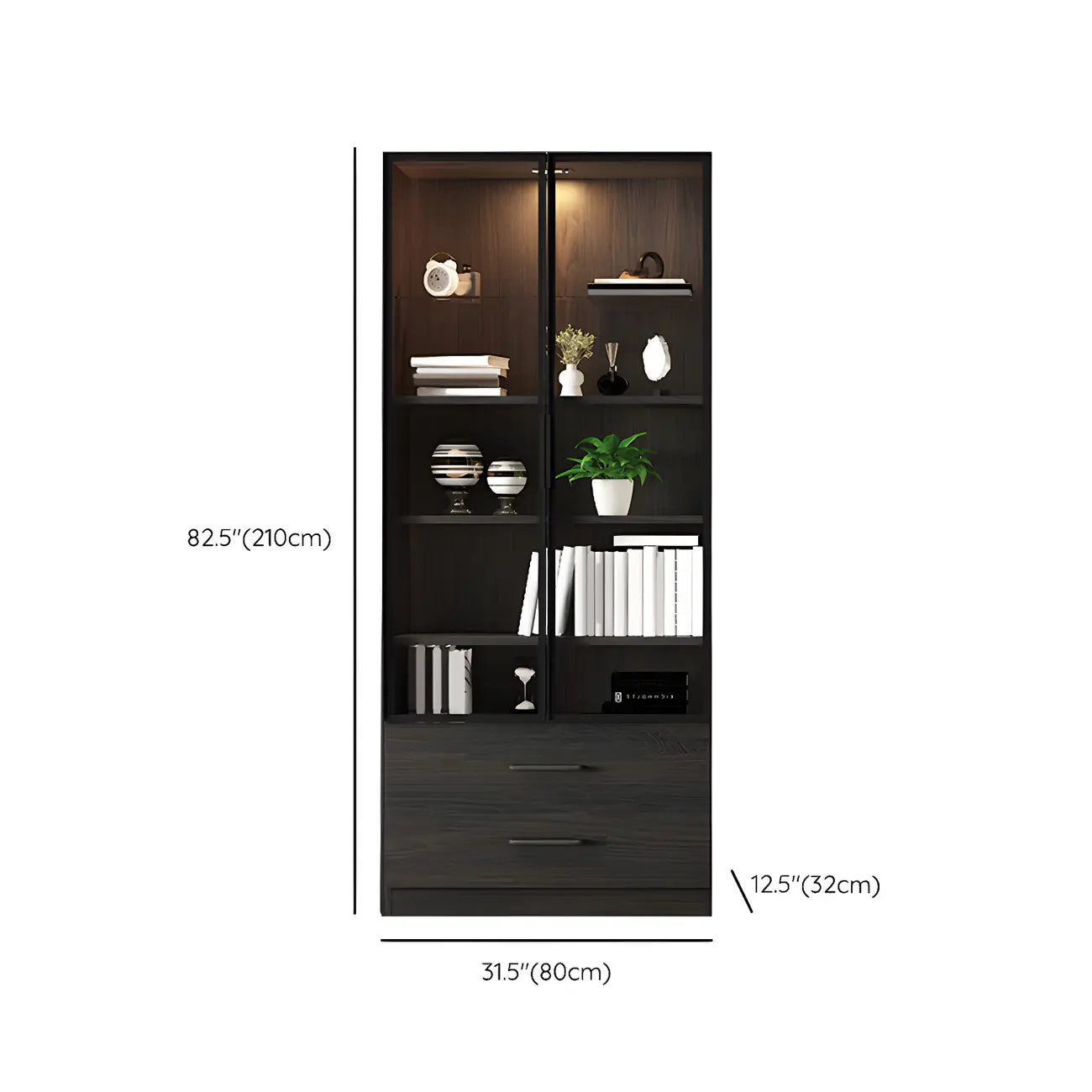 Grande vitrine en bois avec portes en verre noir et tiroirs