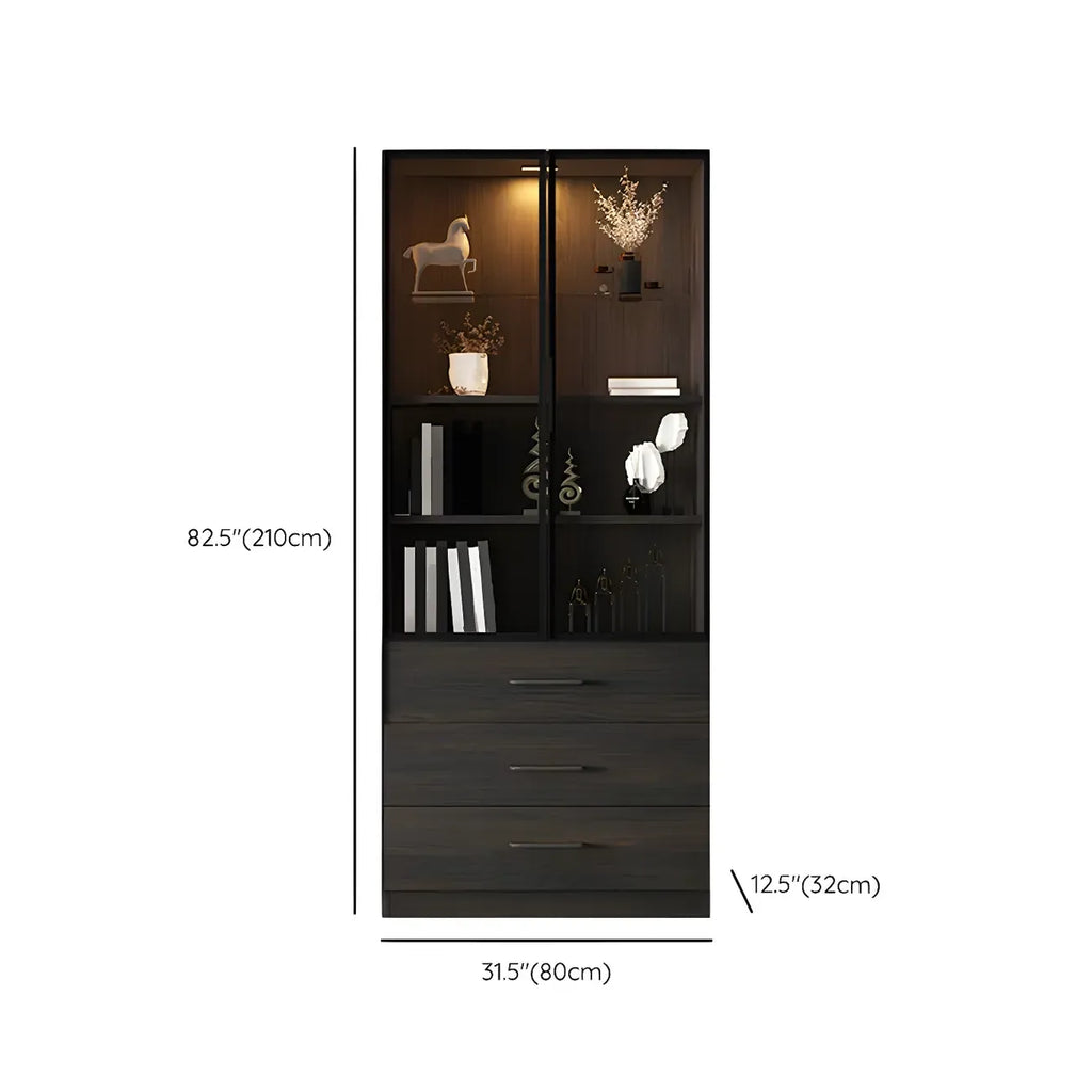 Grande vitrine en bois avec portes en verre noir et tiroirs