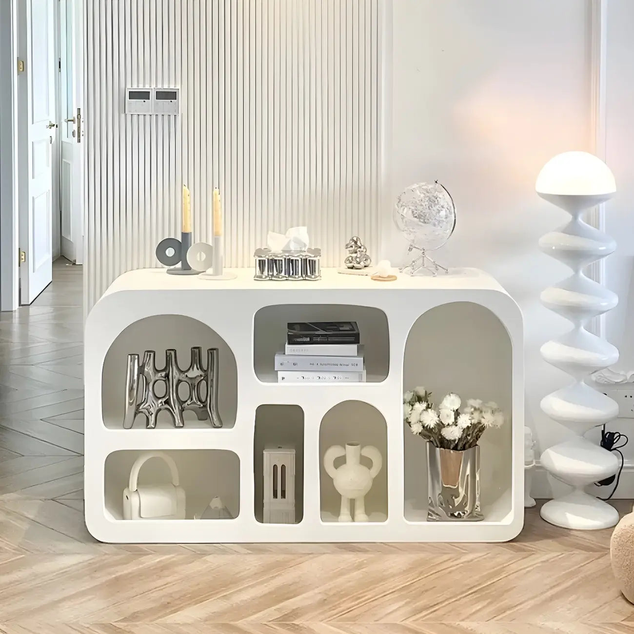 Vitrine de rangement ouverte contemporaine en bois blanc
