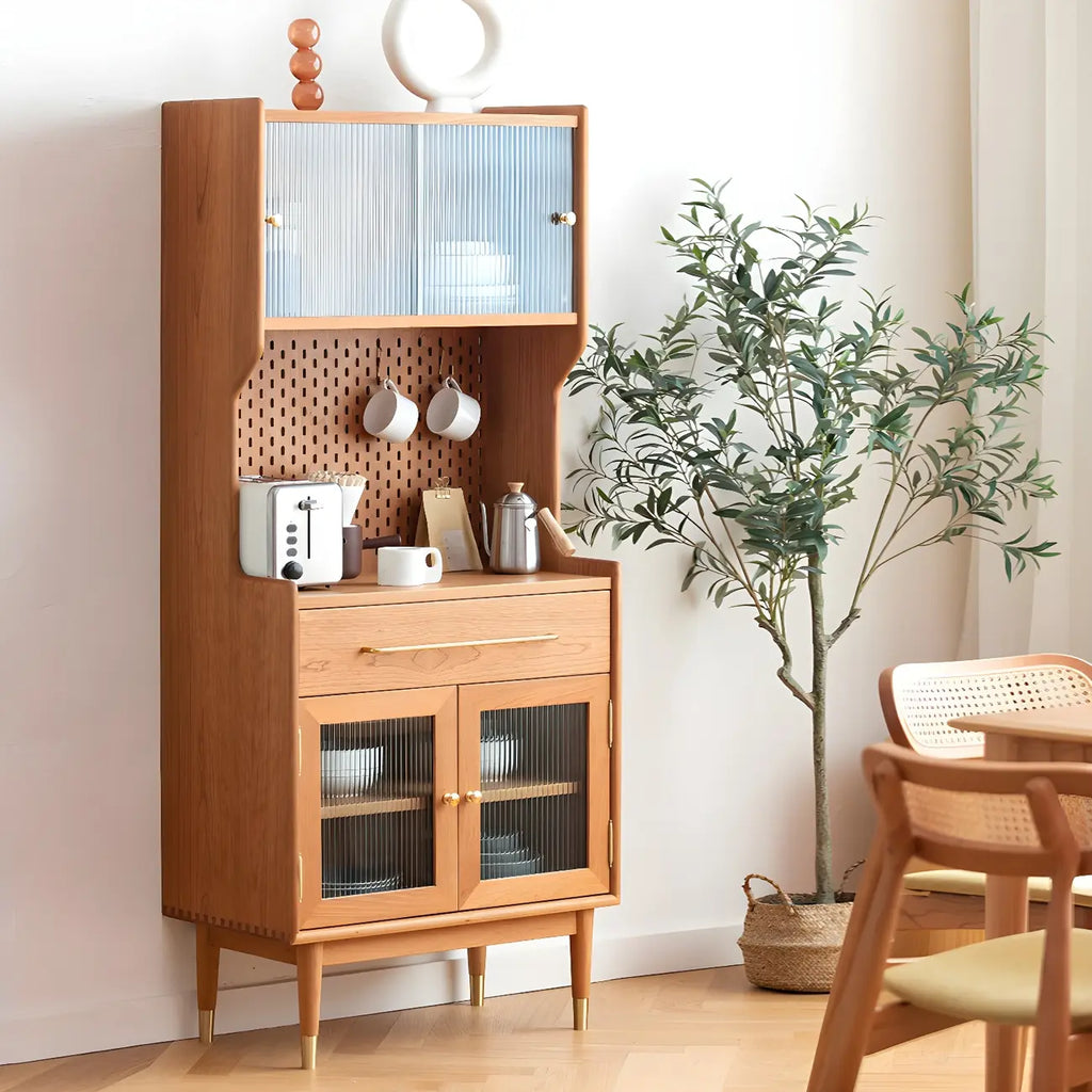 Buffet de salle à manger en pin brun avec portes vitrées et tiroirs