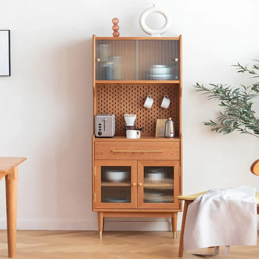 Buffet de salle à manger en pin brun avec portes vitrées et tiroirs