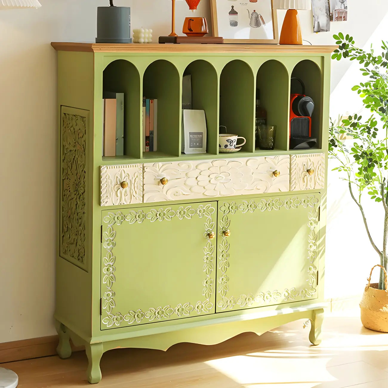 vaisselier en bois vert style campagne française avec rangement