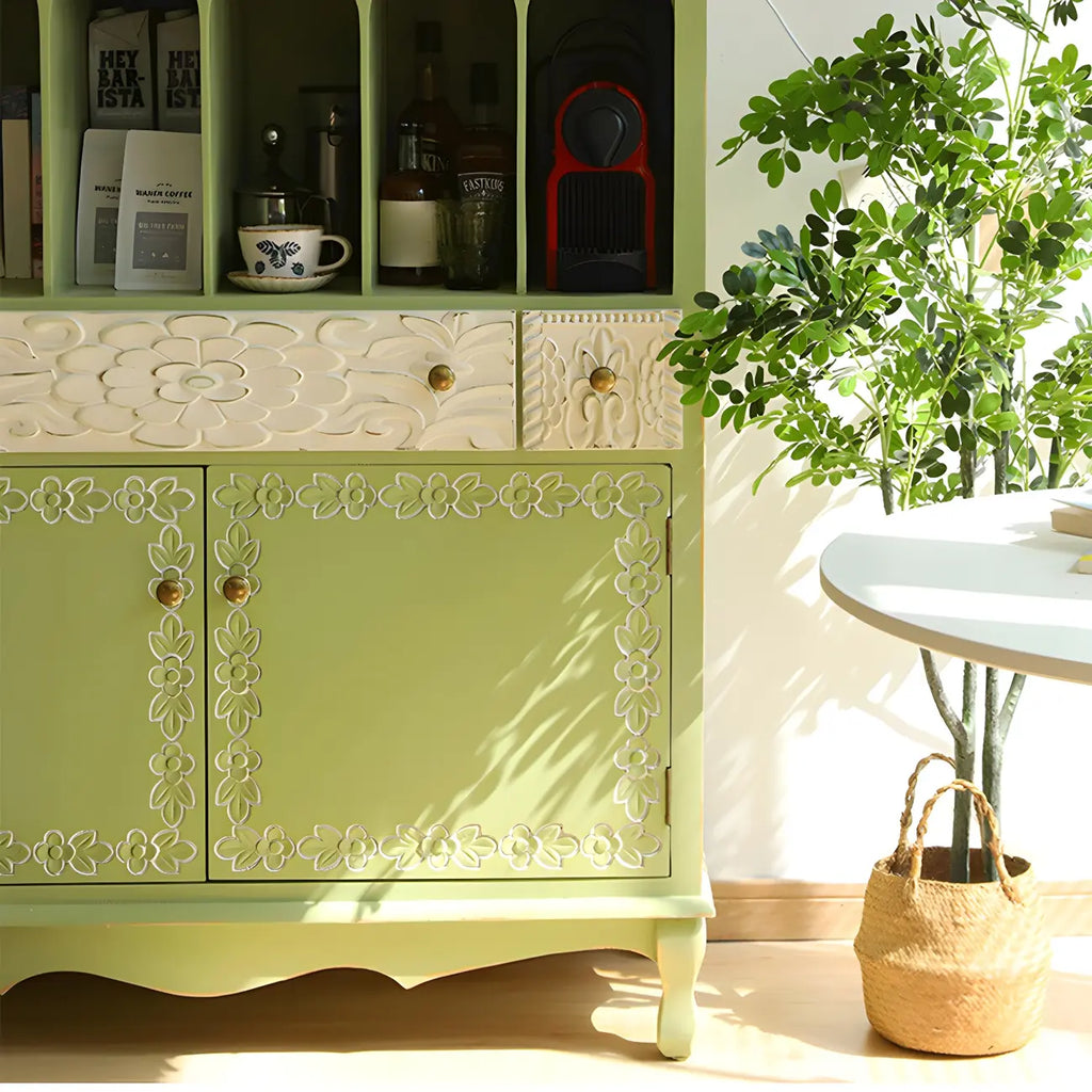 vaisselier en bois vert style campagne française avec rangement