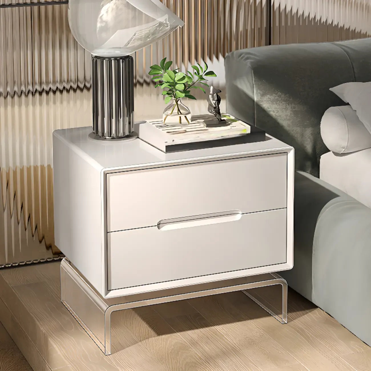 Table de chevet moderne en bois blanc avec pieds en acrylique et tiroirs