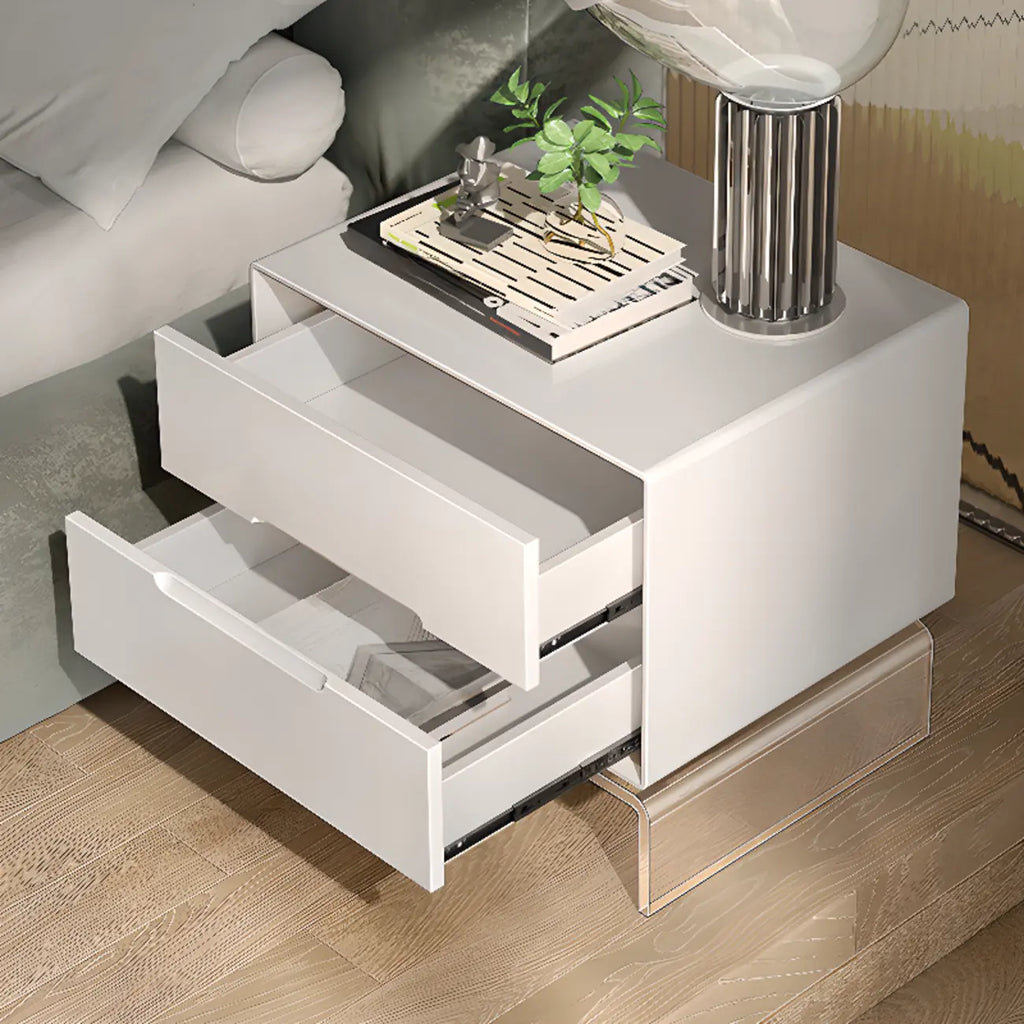 Table de chevet moderne en bois blanc avec pieds en acrylique et tiroirs