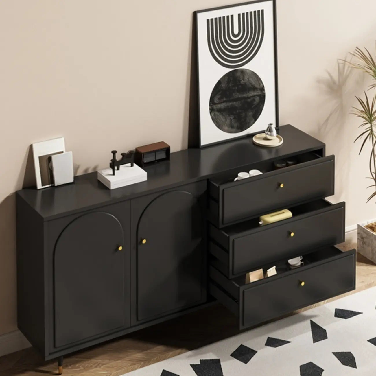 Commode élégante en bois noir avec tiroirs et armoire
