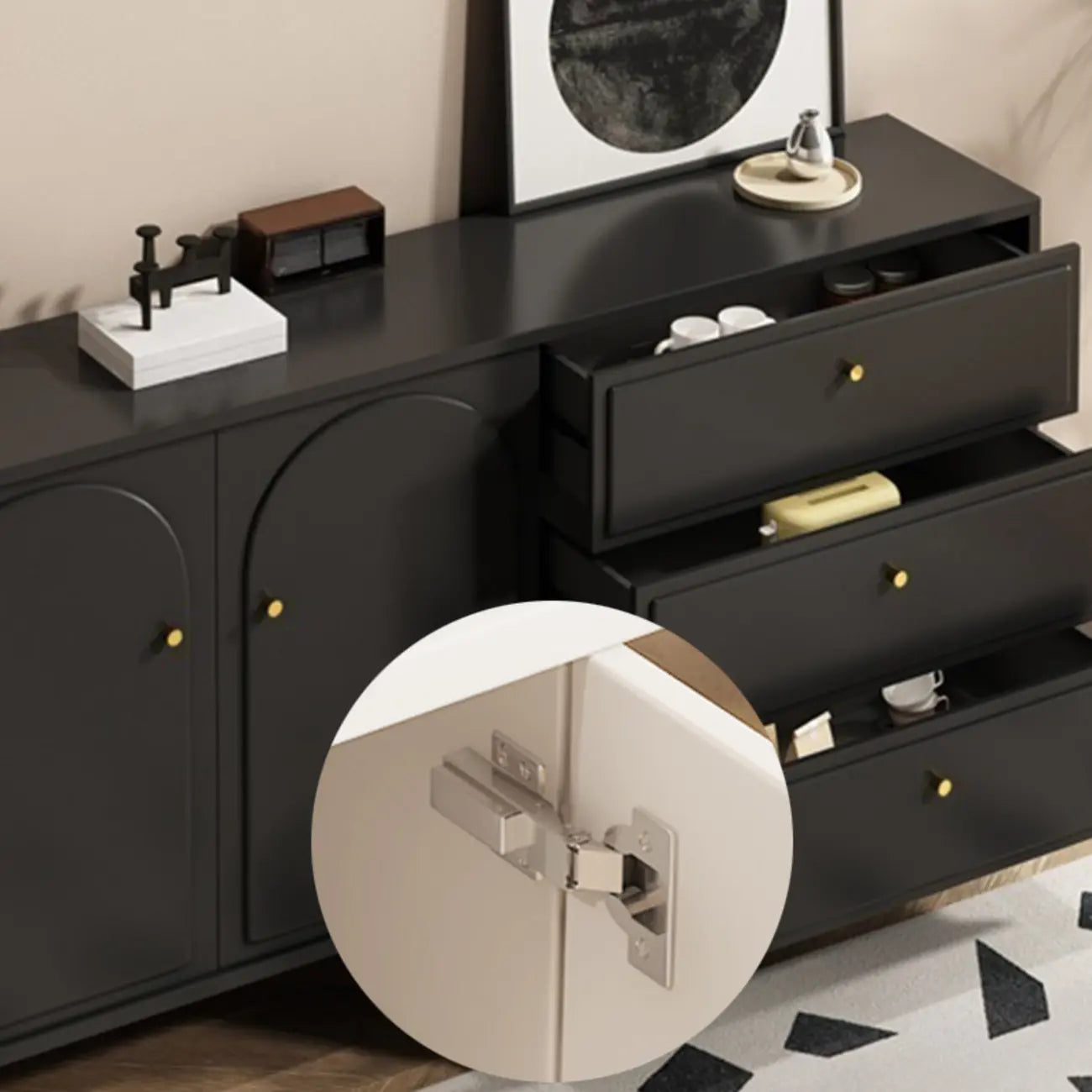 Commode élégante en bois noir avec tiroirs et armoire