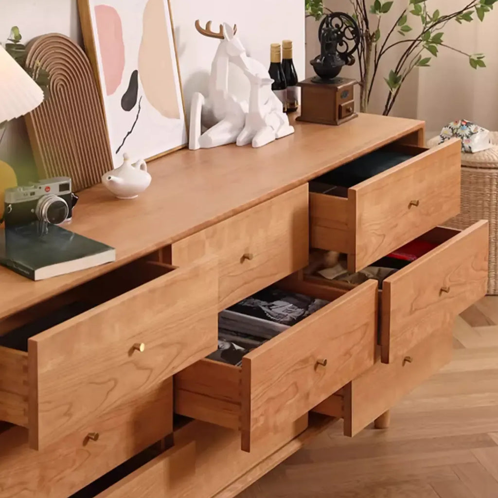 Commode double traditionnelle à 3 niveaux en bois naturel avec poignées dorées