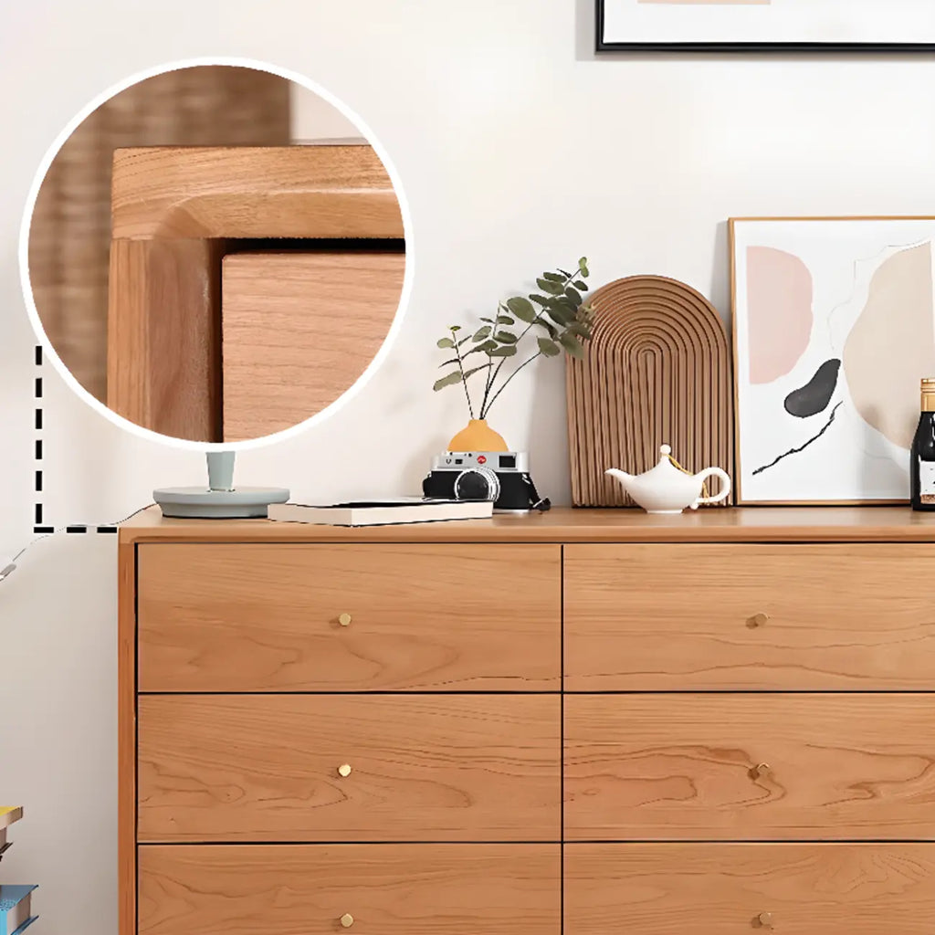 Commode double traditionnelle à 3 niveaux en bois naturel avec poignées dorées