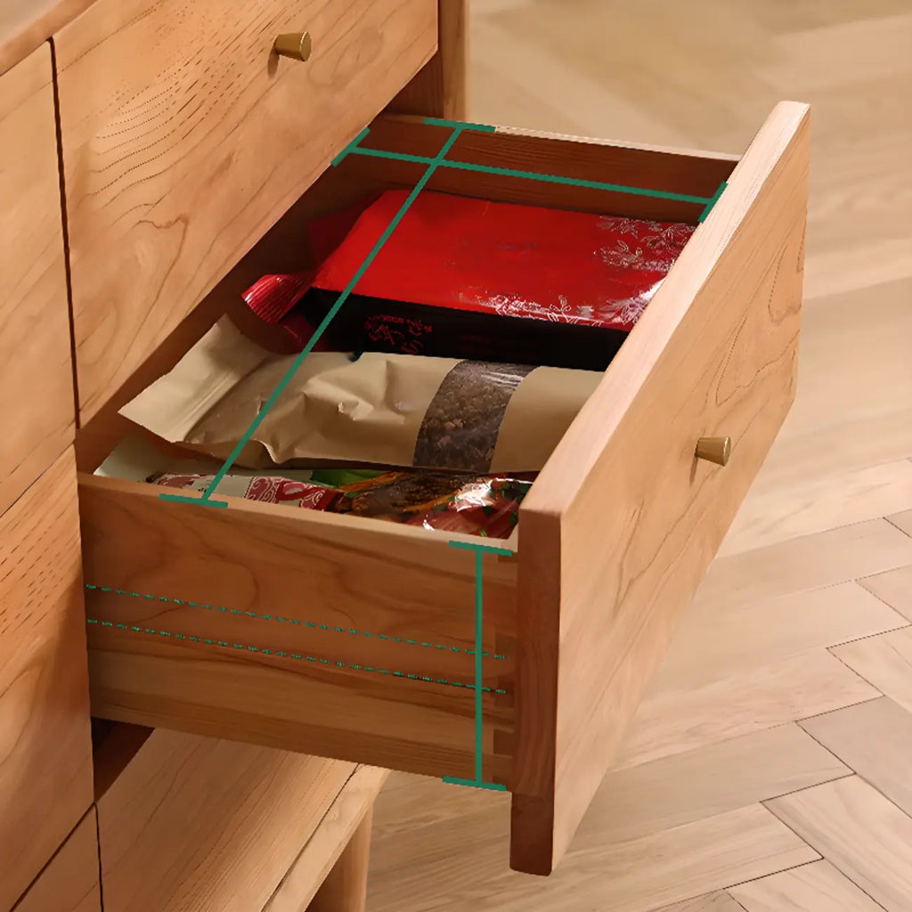 Commode double traditionnelle à 3 niveaux en bois naturel avec poignées dorées