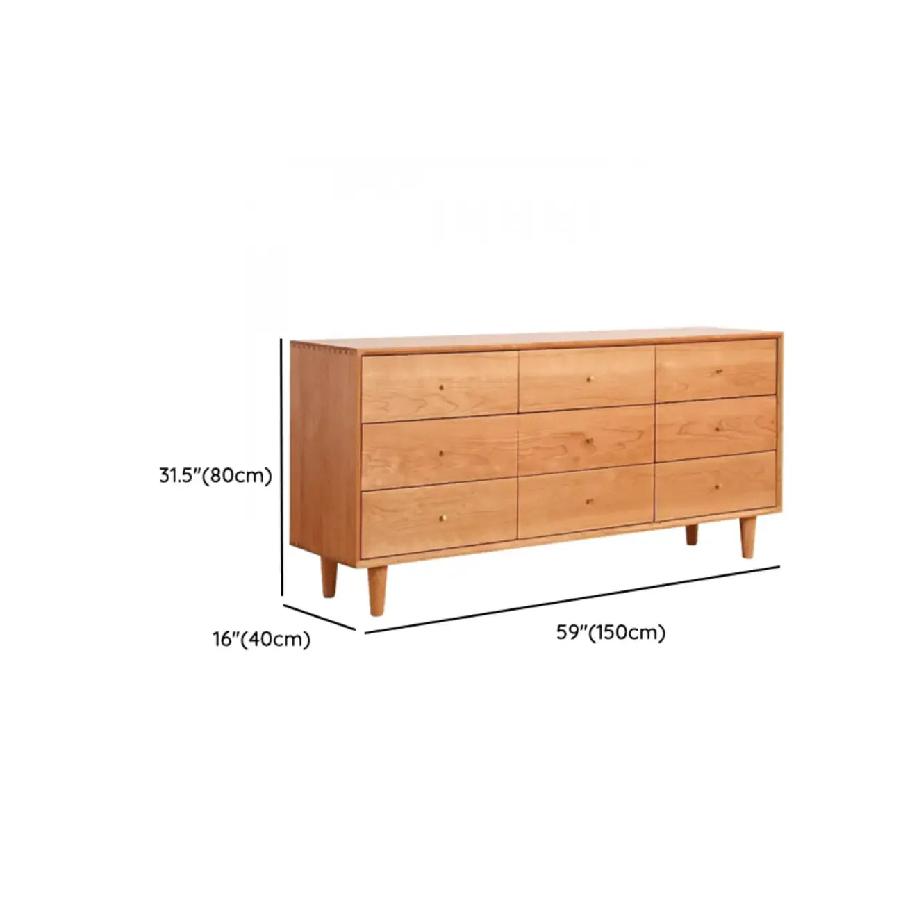 Commode double traditionnelle à 3 niveaux en bois naturel avec poignées dorées