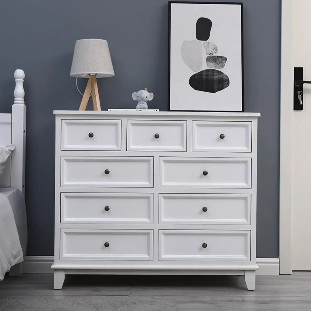 Commode élégante en bois blanc à 9 tiroirs avec poignée en métal