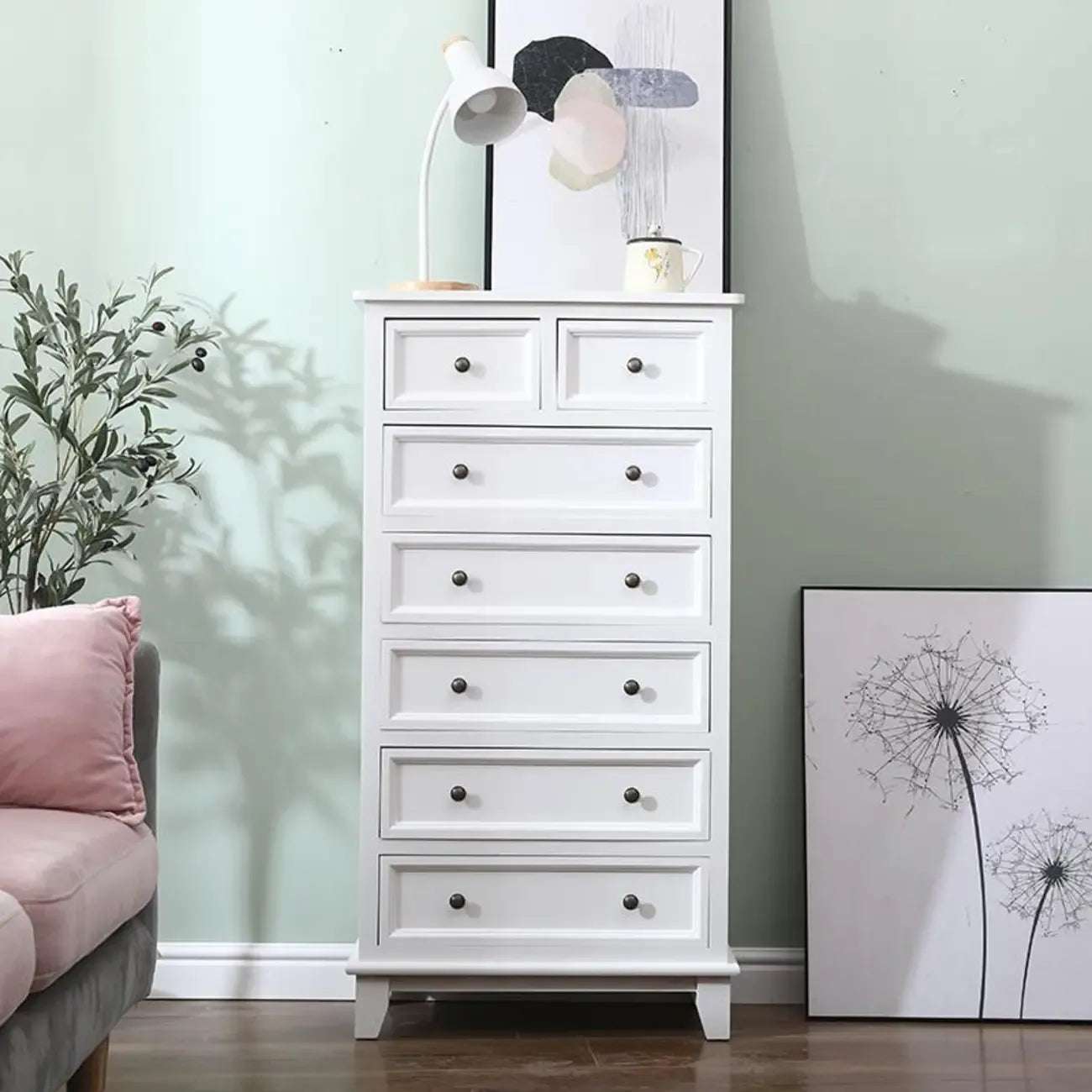 Commode élégante en bois blanc à 7 tiroirs avec poignée en métal
