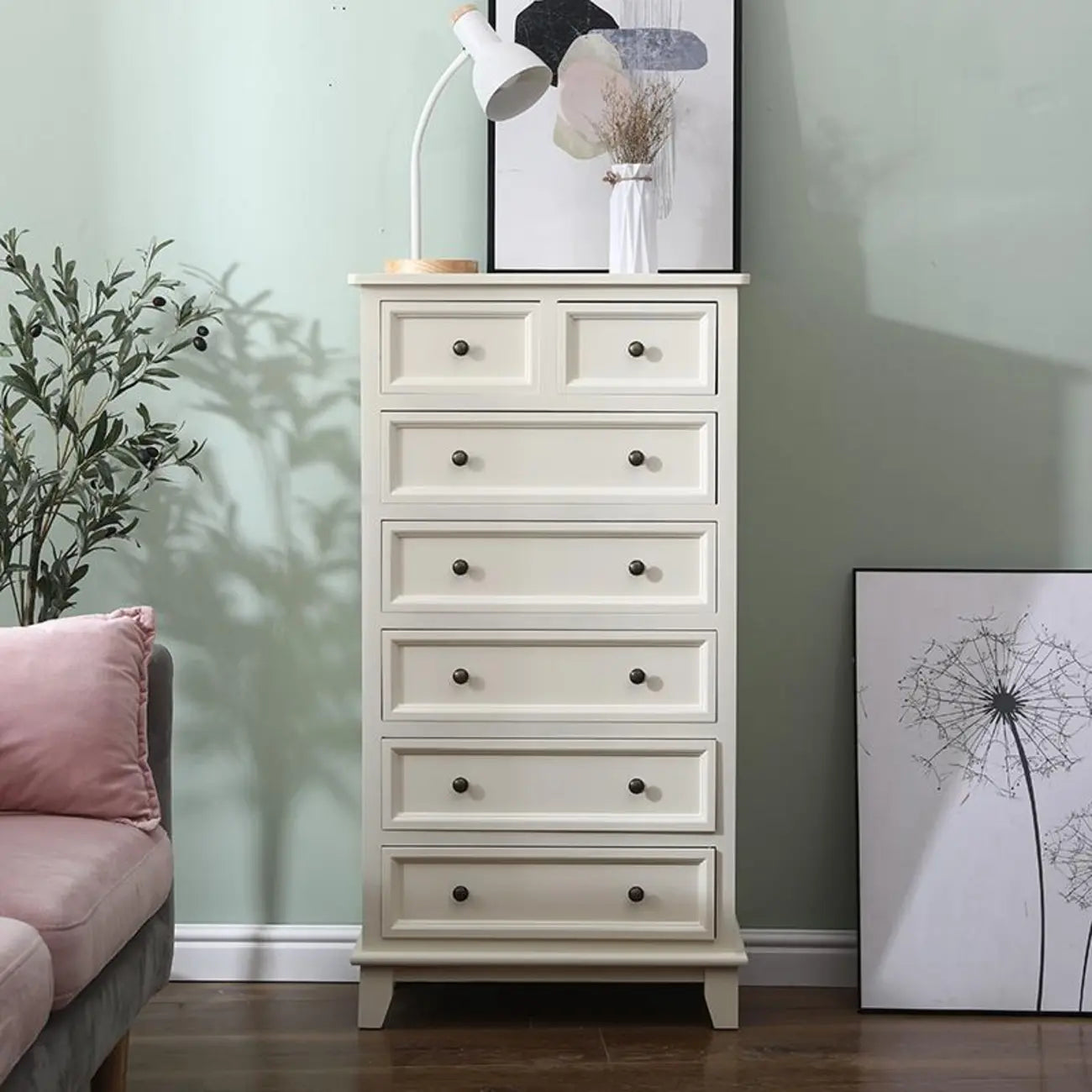 Commode élégante en bois blanc à 9 tiroirs avec poignée en métal