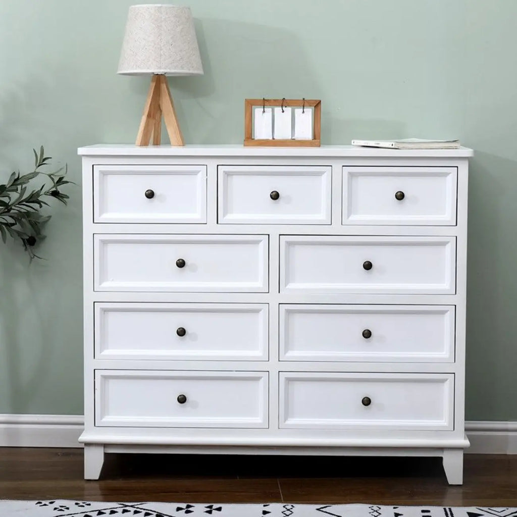 Commode élégante en bois blanc à 9 tiroirs avec poignée en métal