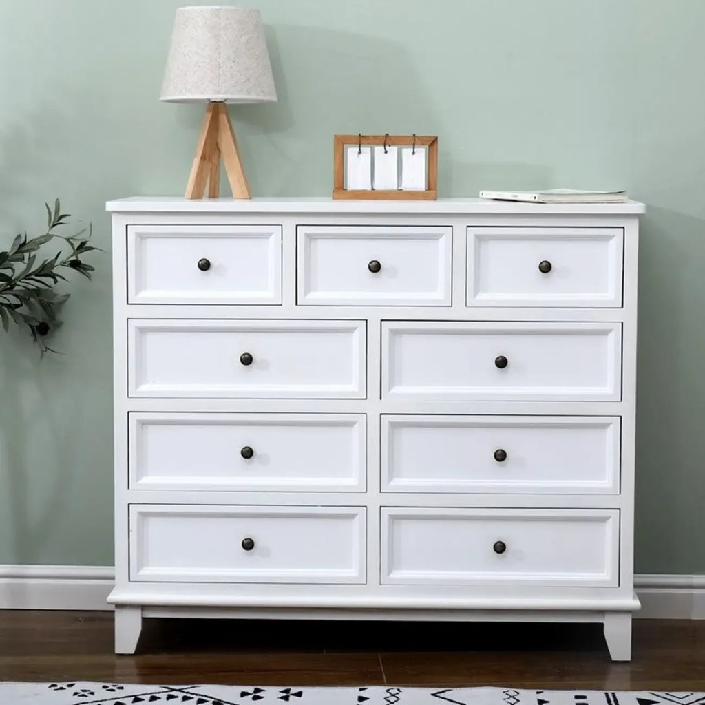 Commode élégante en bois blanc à 9 tiroirs avec poignée en métal