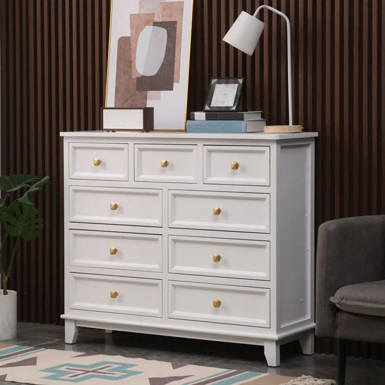 Commode élégante en bois blanc à 9 tiroirs avec poignée en métal