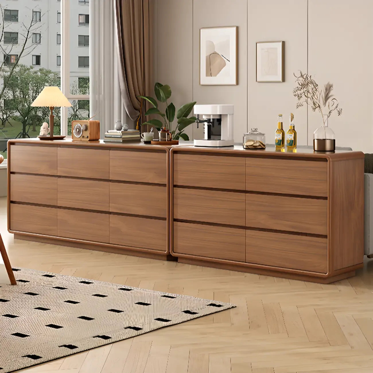 Commode console cubique en bois brun à 8 tiroirs