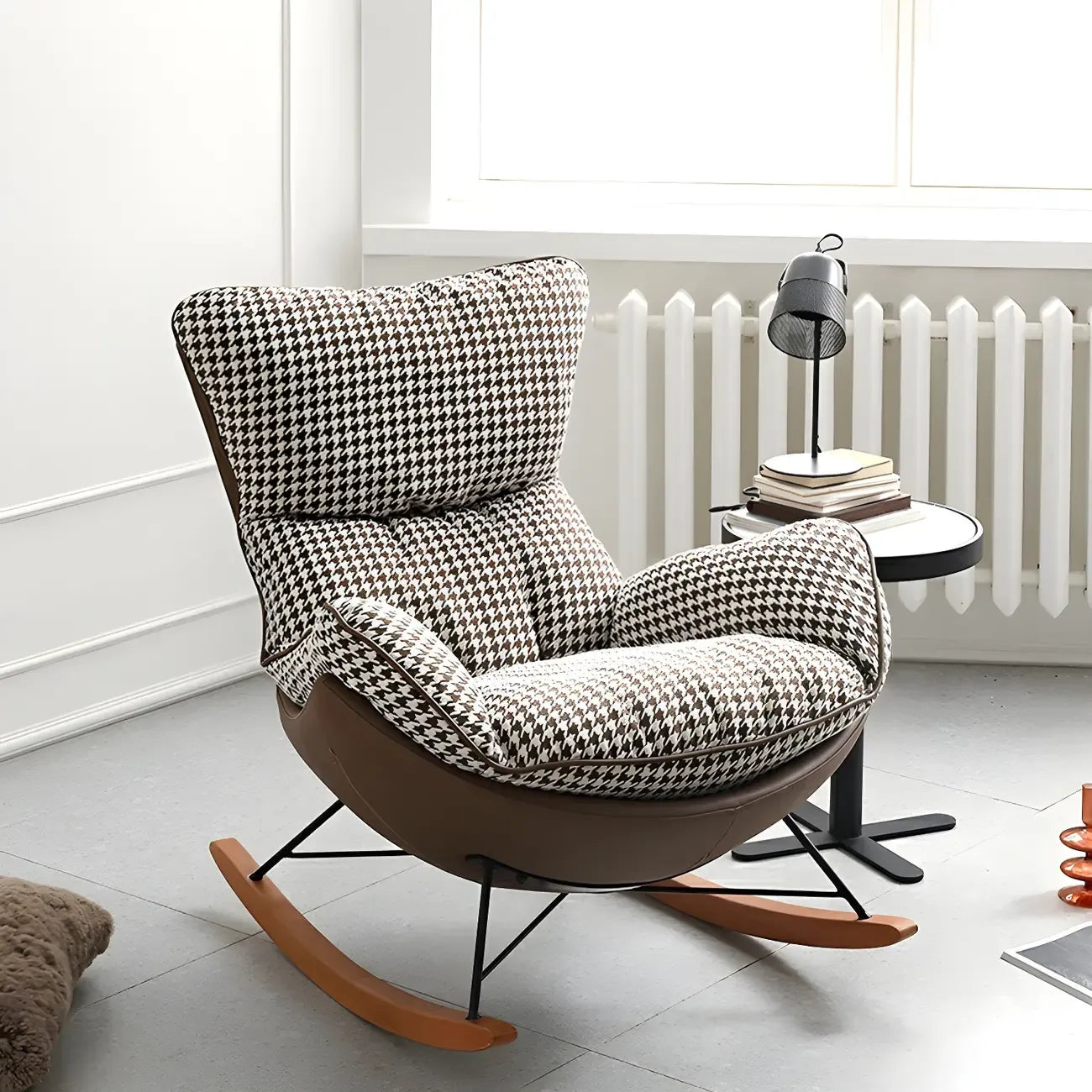 Fauteuil à bascule contemporain capitonné à motif pied-de-poule pour intérieur
