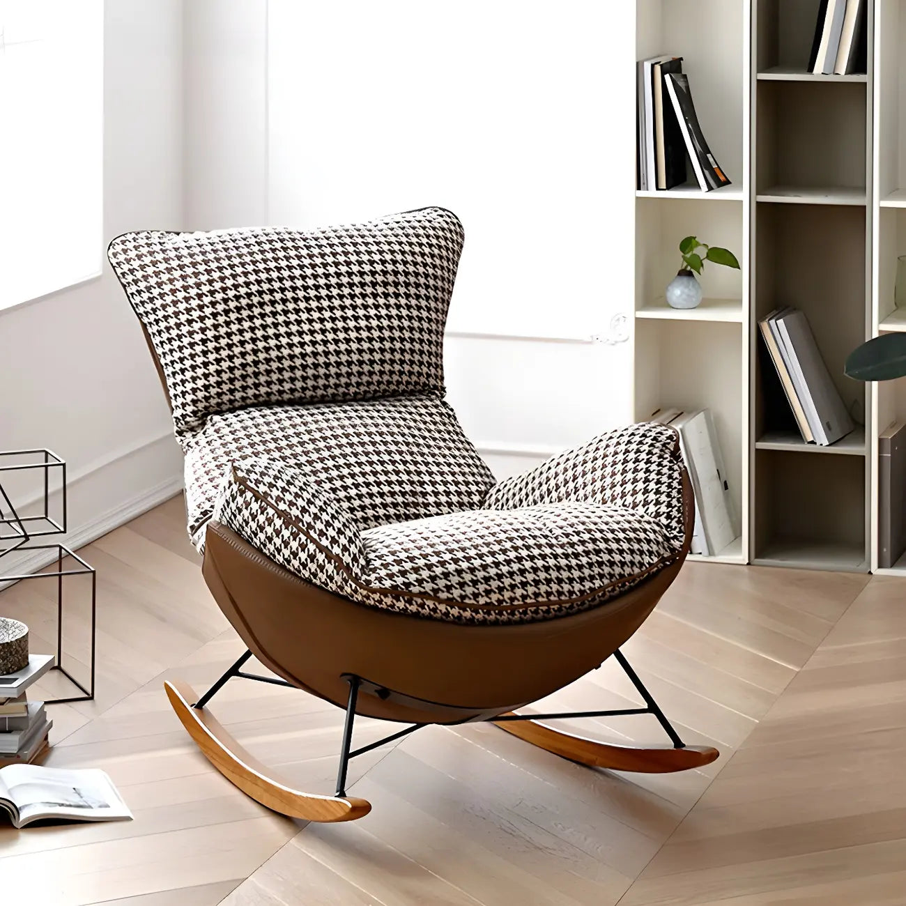 Fauteuil à bascule contemporain capitonné à motif pied-de-poule pour intérieur