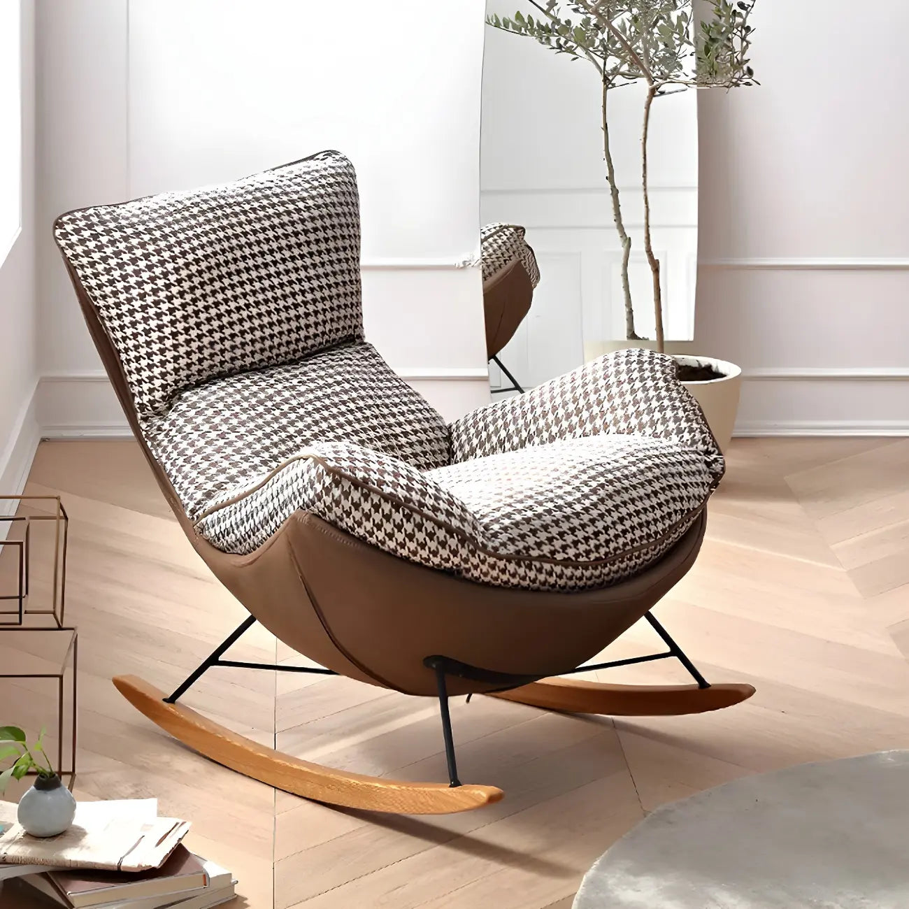 Fauteuil à bascule contemporain capitonné à motif pied-de-poule pour intérieur