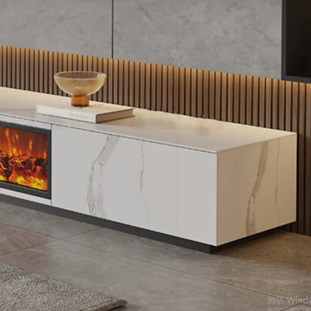 Meuble TV moderne en pierre avec cheminée et éclairage pour salon