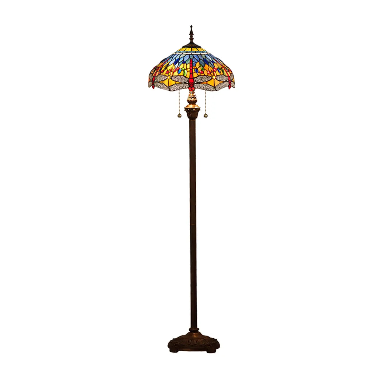 Lampadaire à deux lumières en verre coloré antique avec dôme, idéal pour les intérieurs chaleureux
