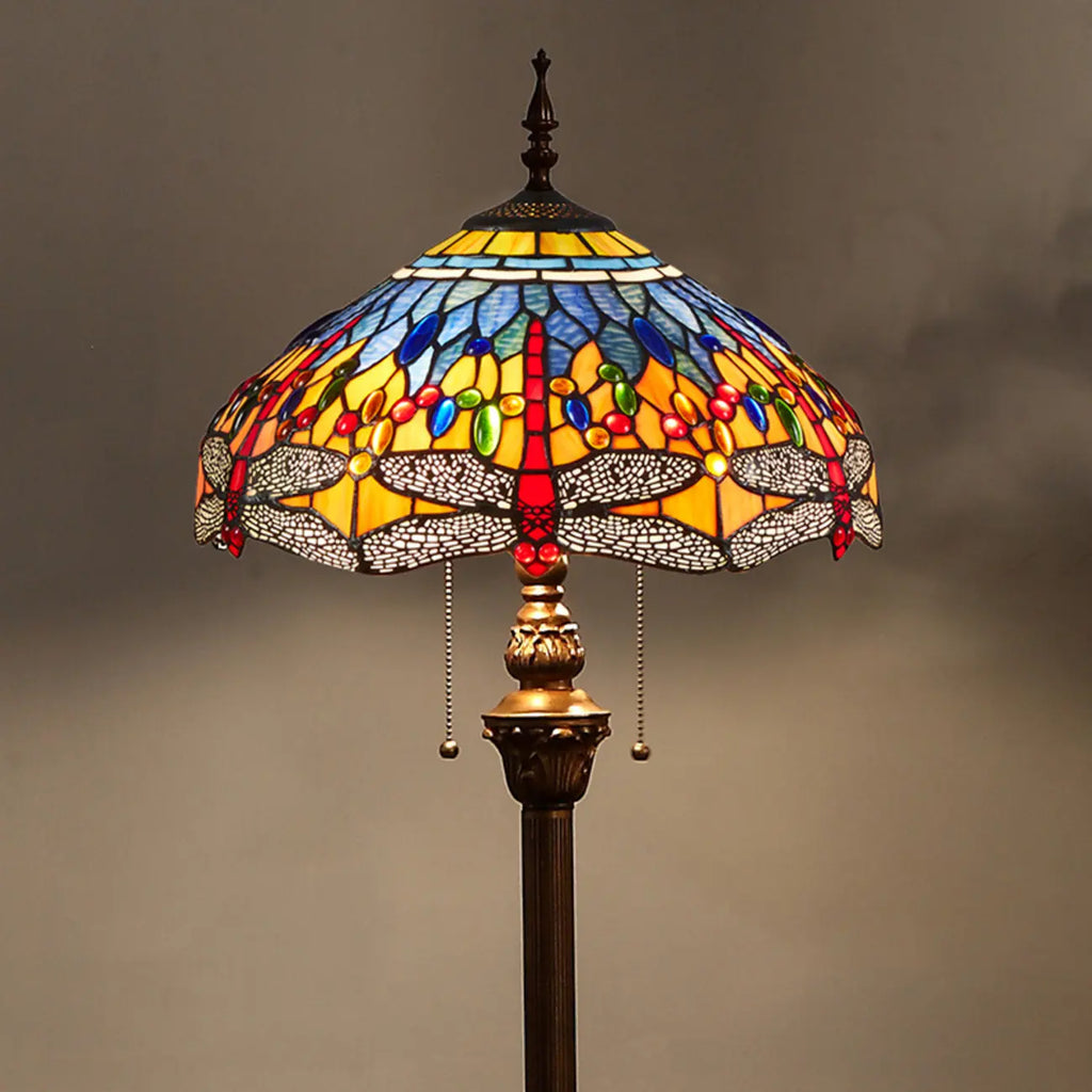 Lampadaire à deux lumières en verre coloré antique avec dôme, idéal pour les intérieurs chaleureux