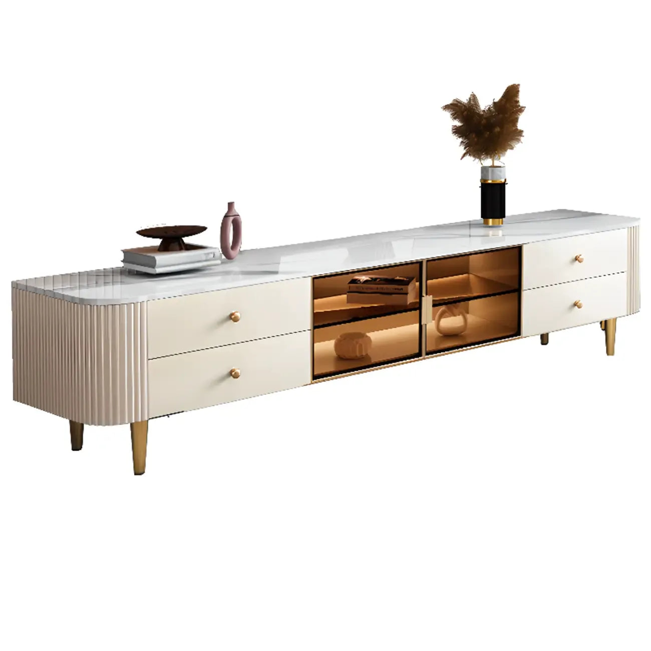 Meuble TV moderne en pierre beige avec éclairage LED pour salon
