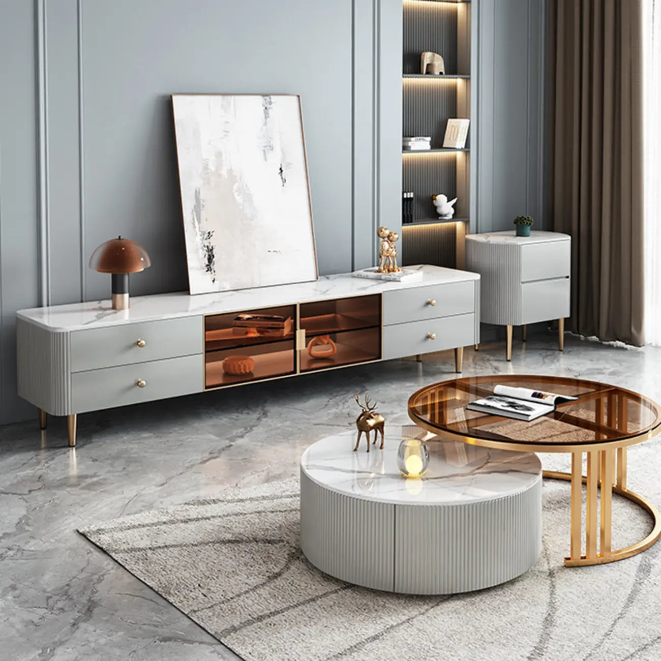 Meuble TV moderne en pierre beige avec éclairage LED pour salon