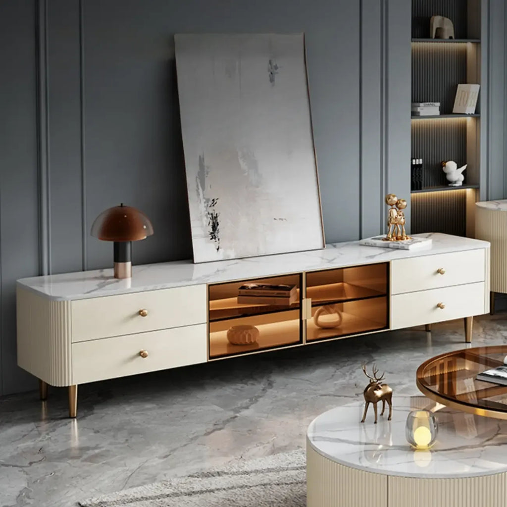 Meuble TV moderne en pierre beige avec éclairage LED pour salon
