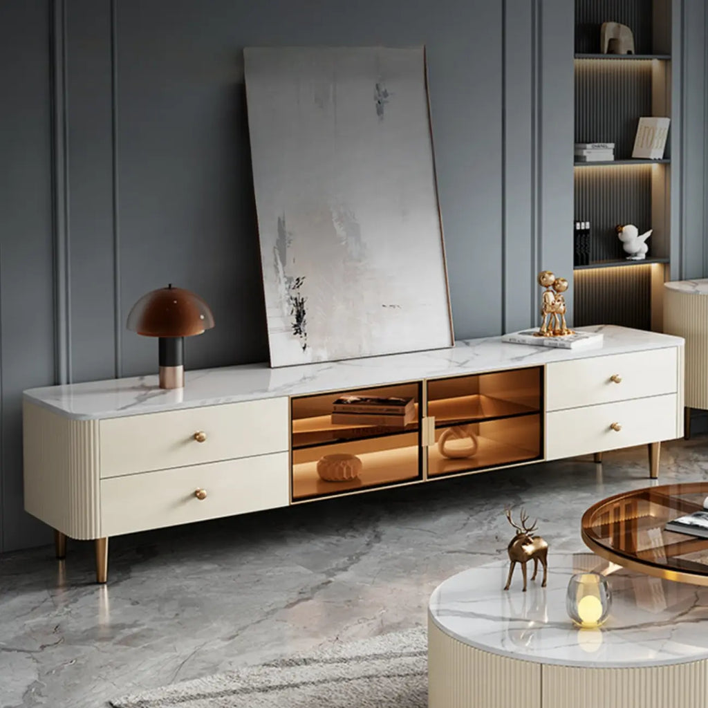 Meuble TV moderne en pierre beige avec éclairage LED pour salon
