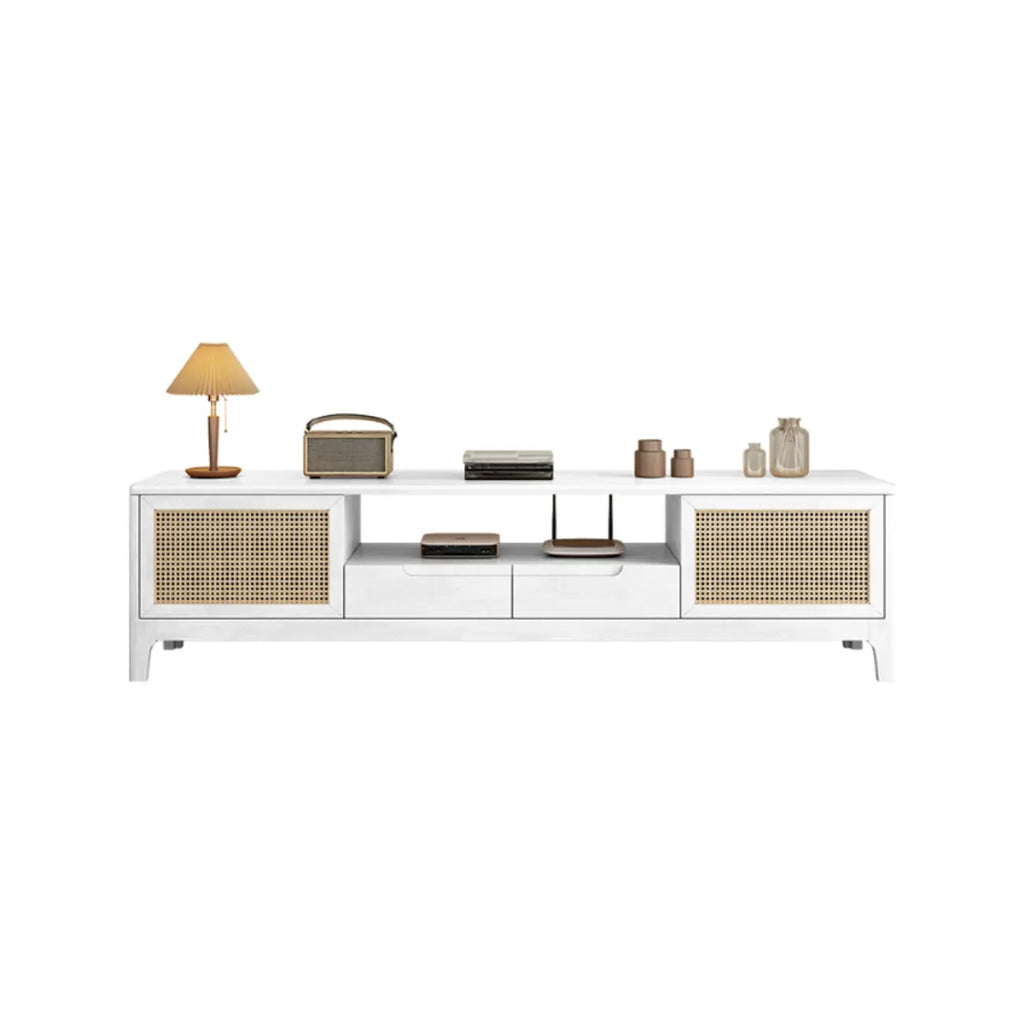 Meuble TV bohème en rotin et bois blanc avec rangement