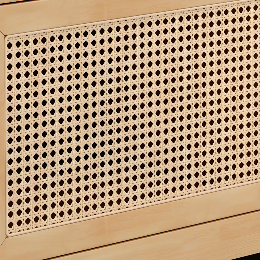 Meuble TV bohème en rotin et bois blanc avec rangement