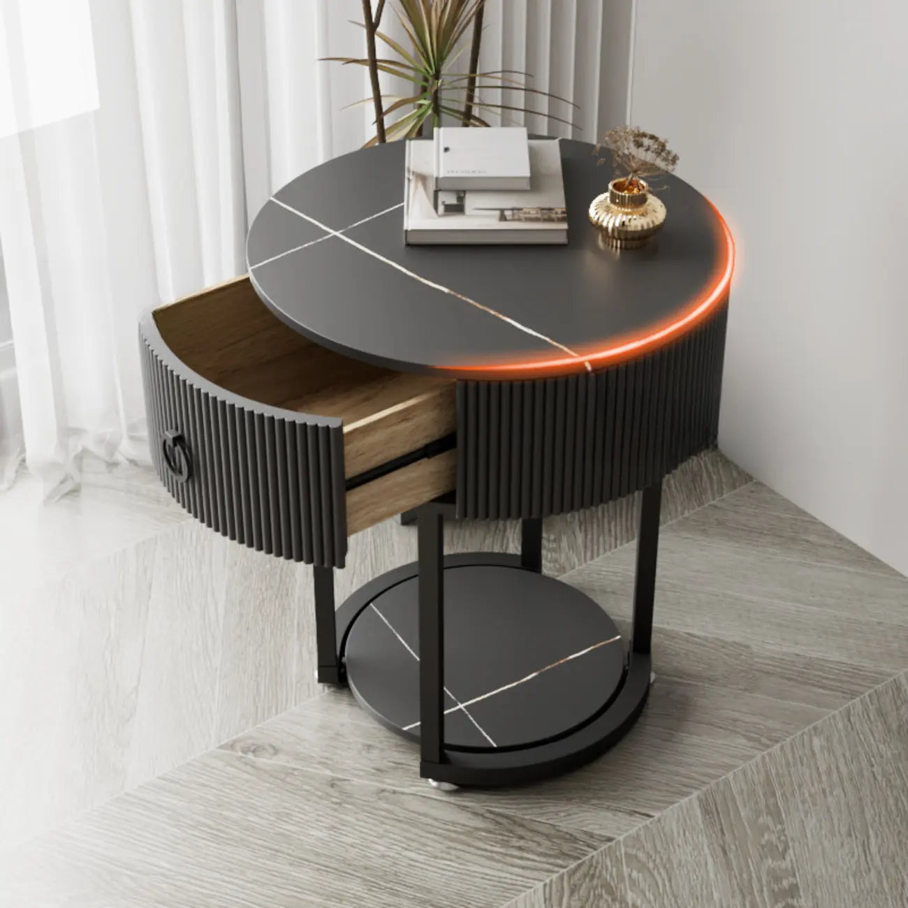 Table d'appoint ronde moderne en marbre avec rangement et pieds en métal