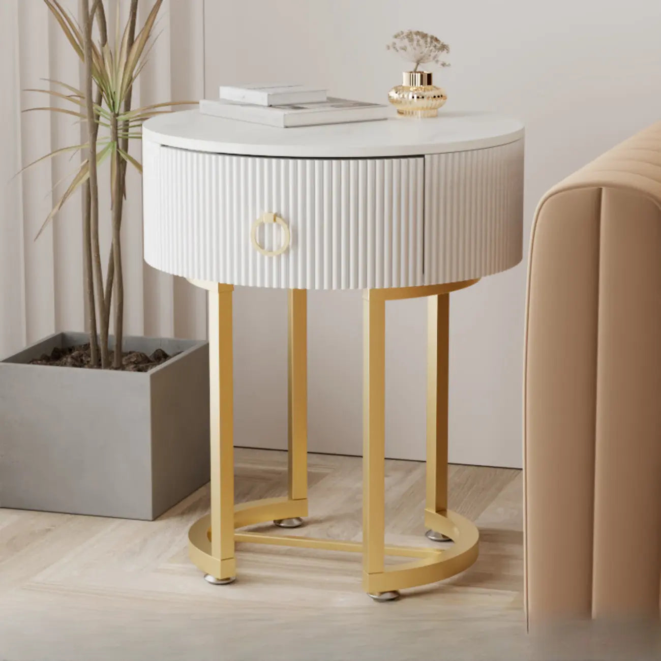 Table d'appoint ronde moderne en marbre avec rangement et pieds en métal