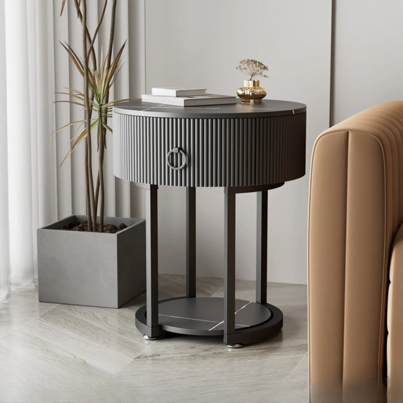 Table d'appoint ronde moderne en marbre avec rangement et pieds en métal