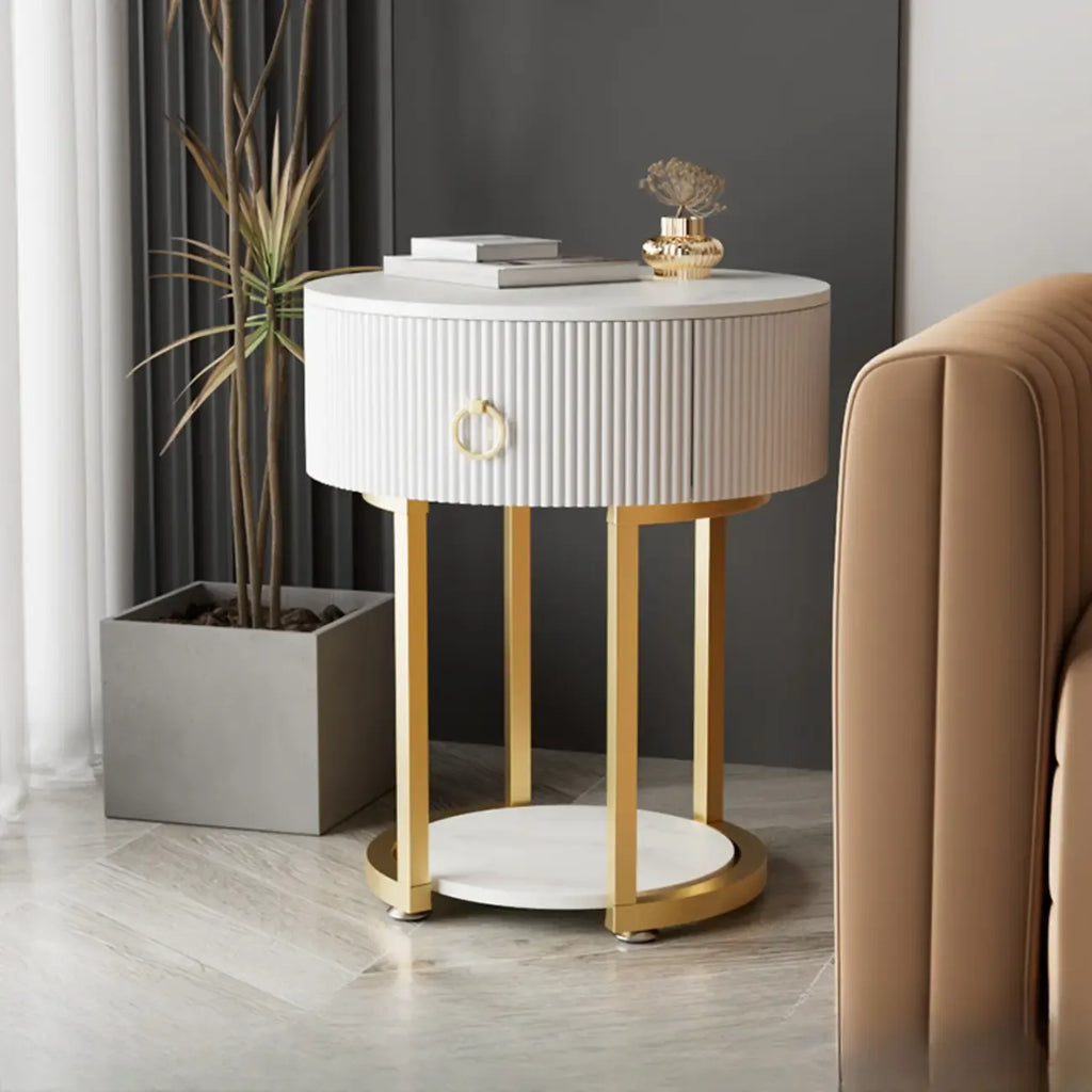 Table d'appoint ronde moderne en marbre avec rangement et pieds en métal