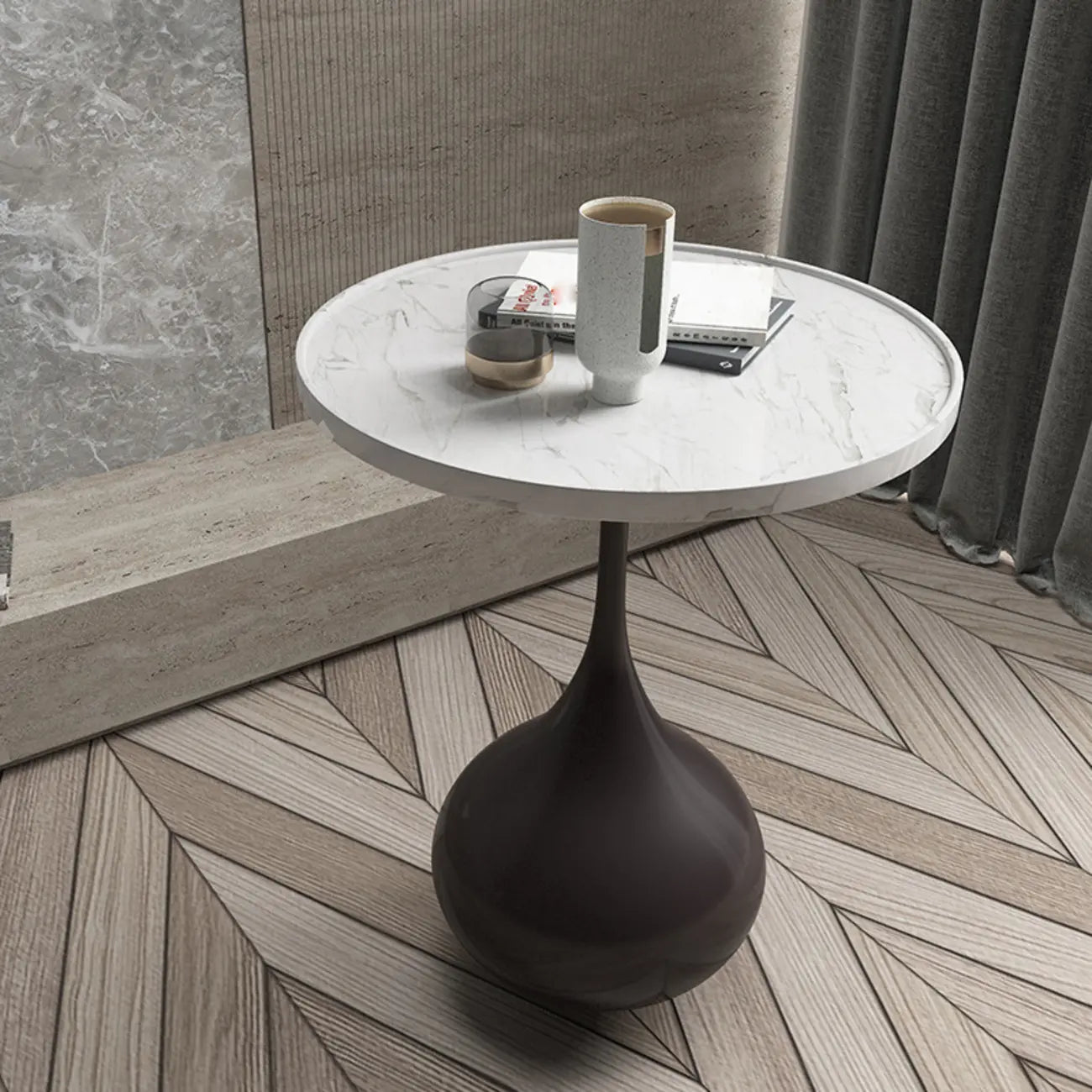 Table d'appoint ronde en bois avec pied en métal pour salon