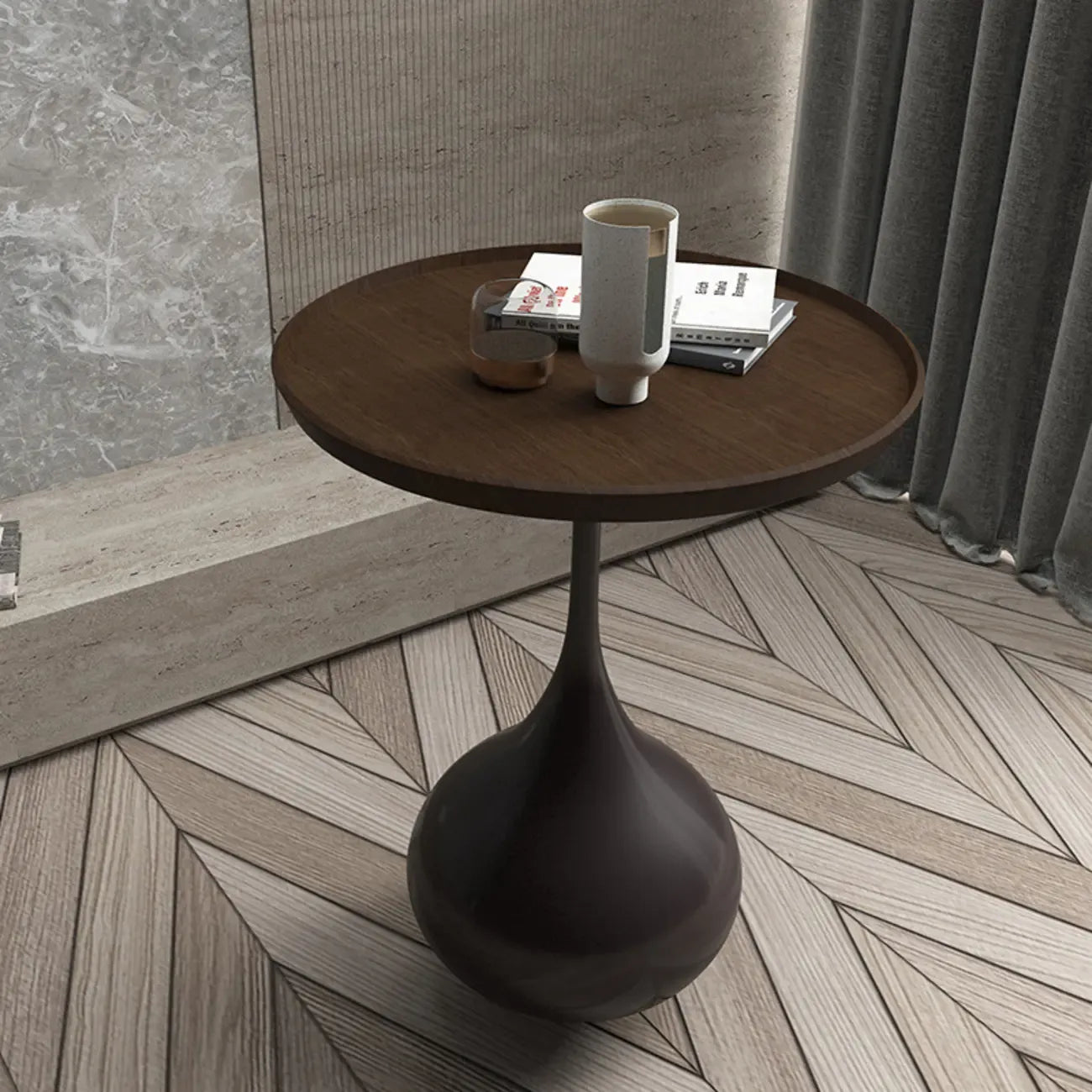 Table d'appoint ronde en bois avec pied en métal pour salon