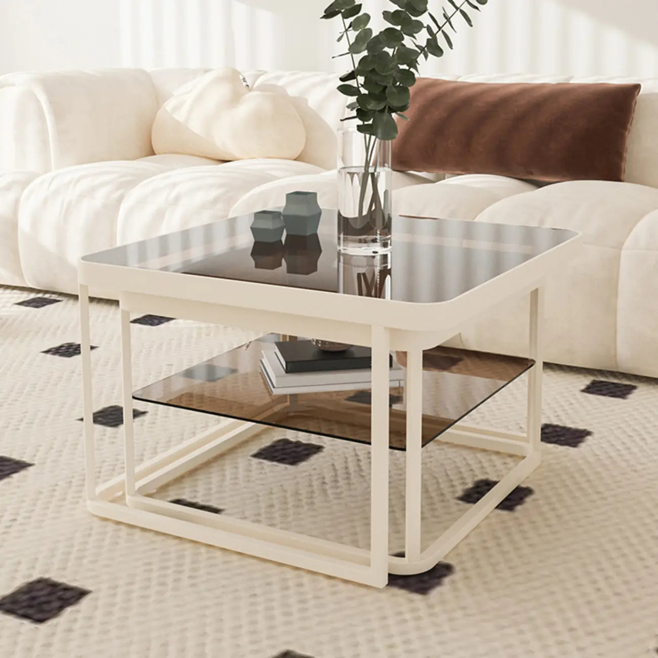 Table basse gigogne moderne en verre noir avec rangement