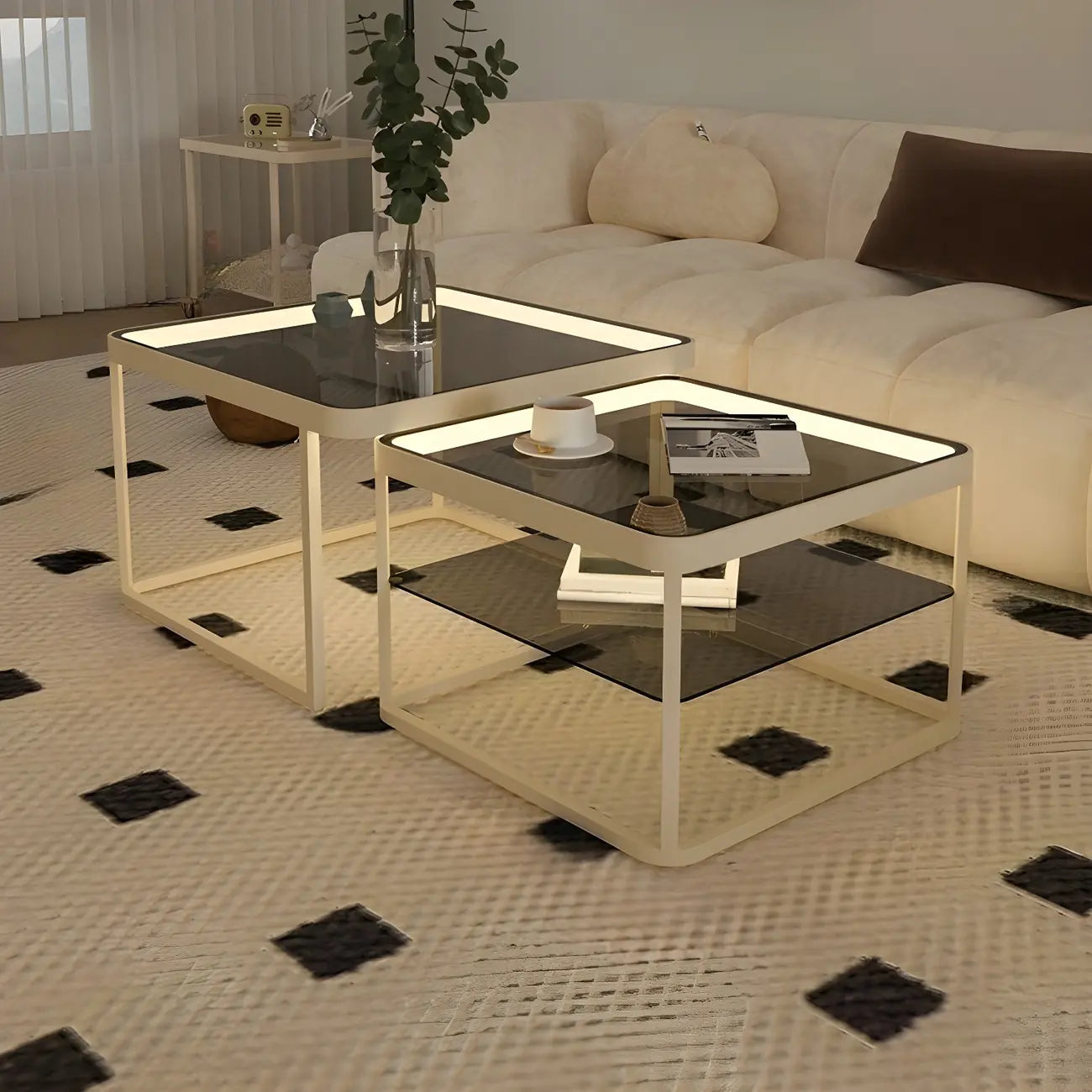 Table basse gigogne moderne en verre noir avec rangement